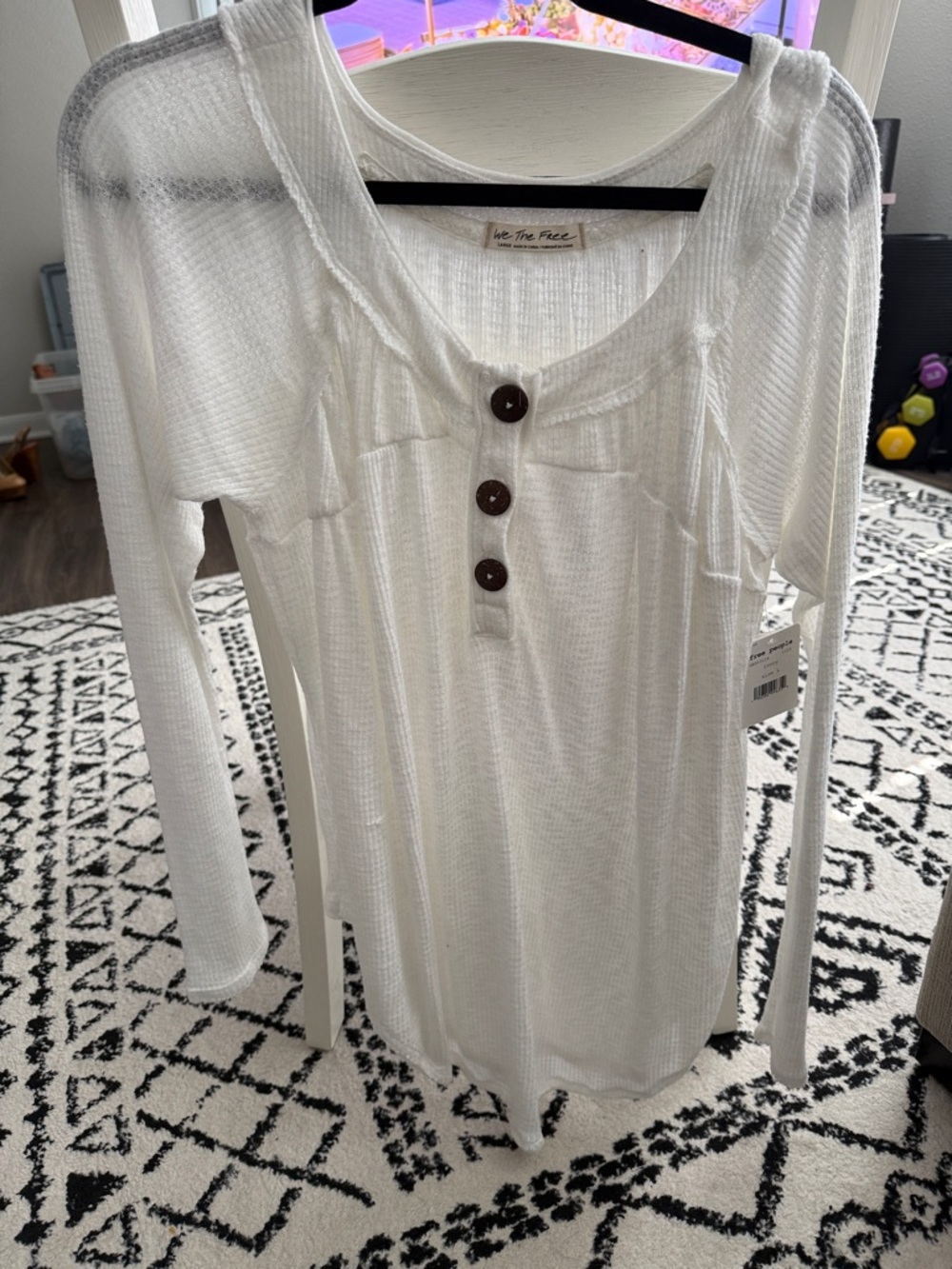 We The Free White Waffle-Knit Henley Long Sleeve Top